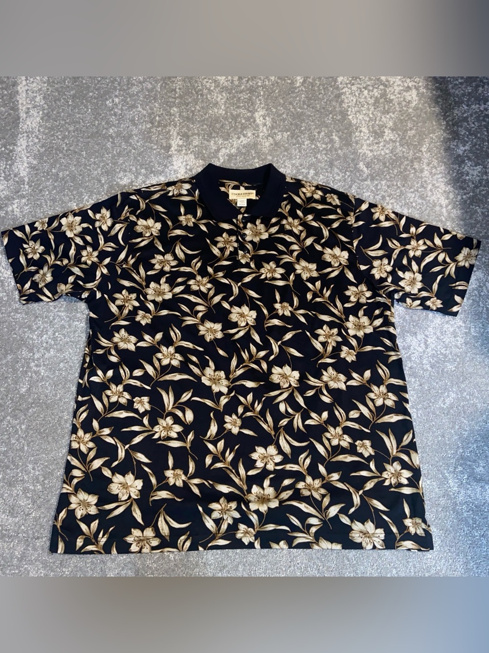 Vtg Cooke Street Mens short sleeve shirt, XL black with floral tans,brown,beige